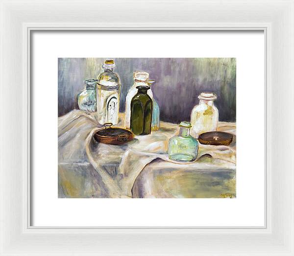 Copper Pots - glass bottles still life - Framed Print