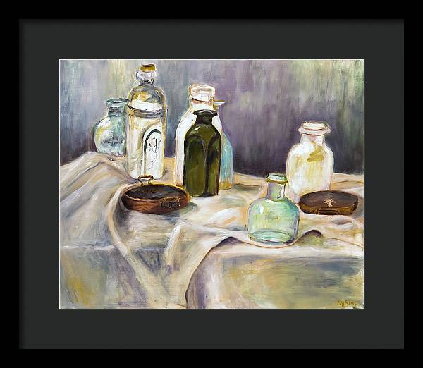 Copper Pots - glass bottles still life - Framed Print
