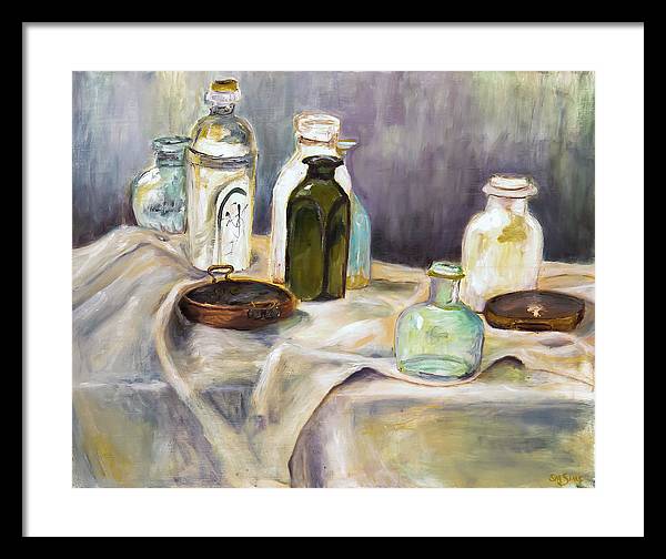 Copper Pots - glass bottles still life - Framed Print