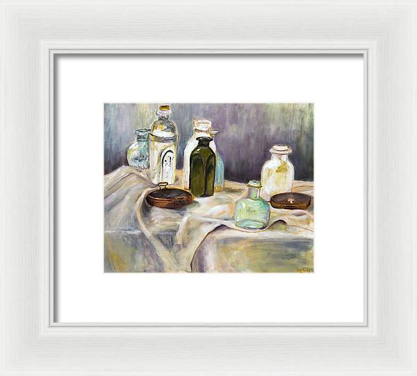 Copper Pots - glass bottles still life - Framed Print