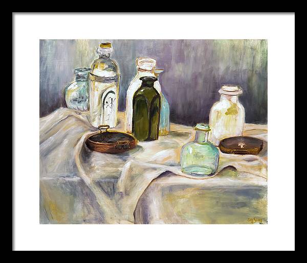 Copper Pots - glass bottles still life - Framed Print
