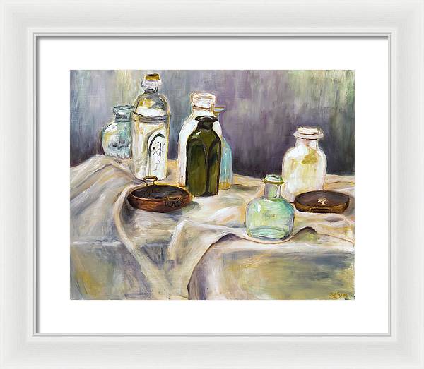Copper Pots - glass bottles still life - Framed Print