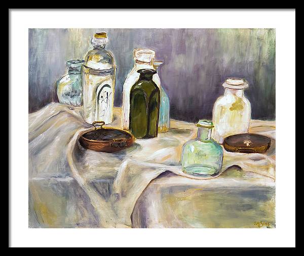 Copper Pots - glass bottles still life - Framed Print
