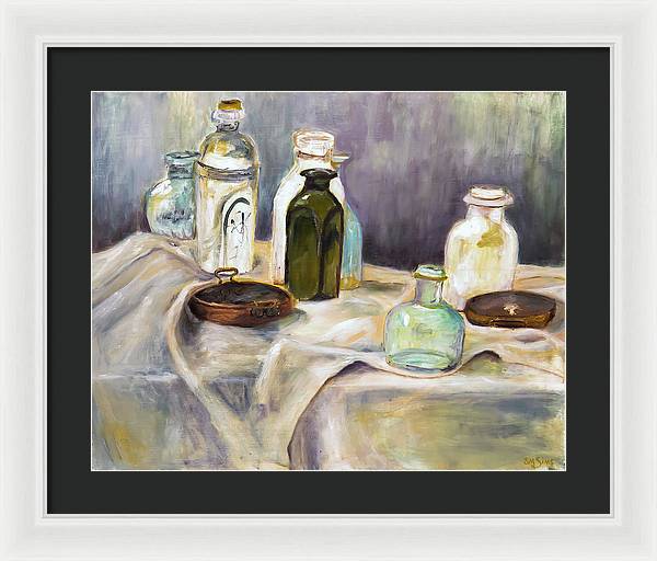 Copper Pots - glass bottles still life - Framed Print