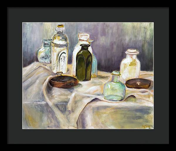 Copper Pots - glass bottles still life - Framed Print