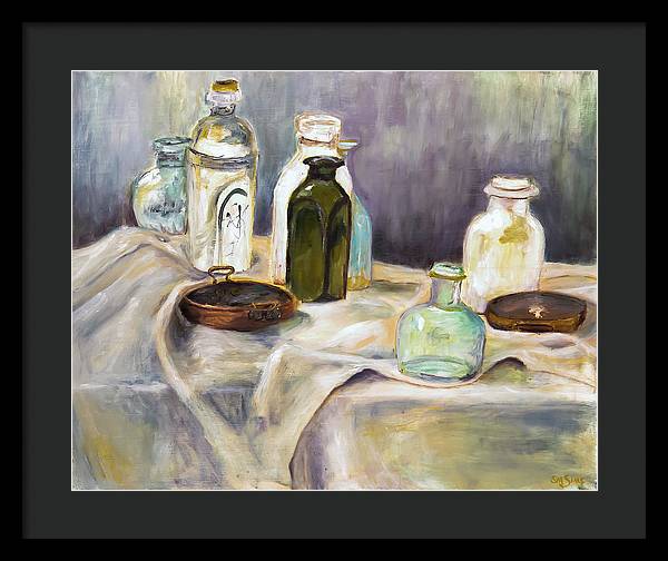 Copper Pots - glass bottles still life - Framed Print