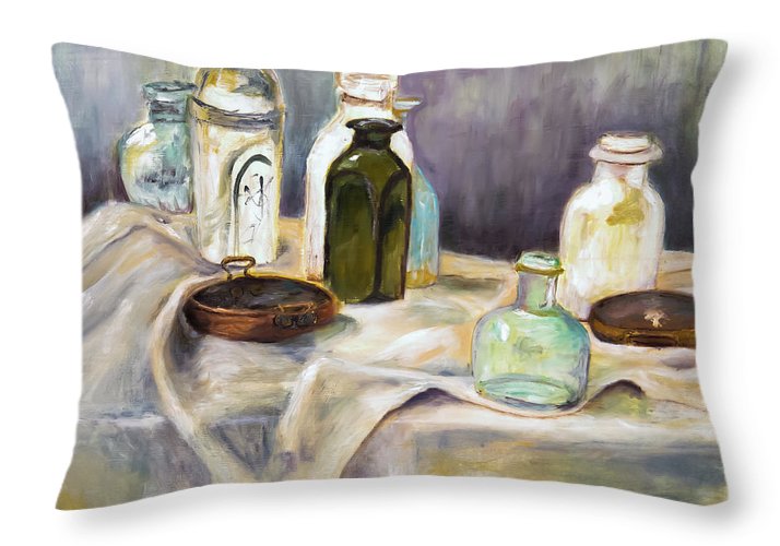 Copper Pots - glass bottles still life - Throw Pillow