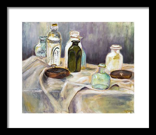 Copper Pots - glass bottles still life - Framed Print