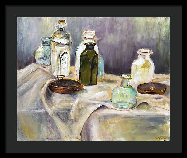 Copper Pots - glass bottles still life - Framed Print