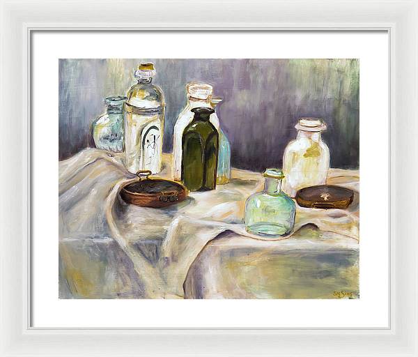 Copper Pots - glass bottles still life - Framed Print