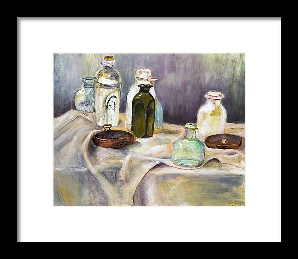 Copper Pots - glass bottles still life - Framed Print