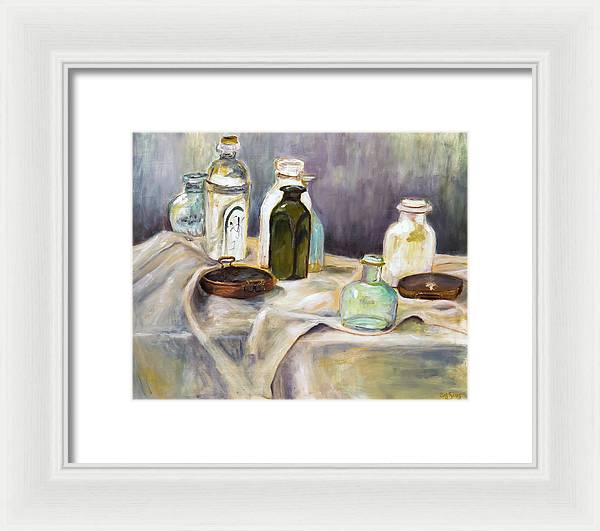 Copper Pots - glass bottles still life - Framed Print