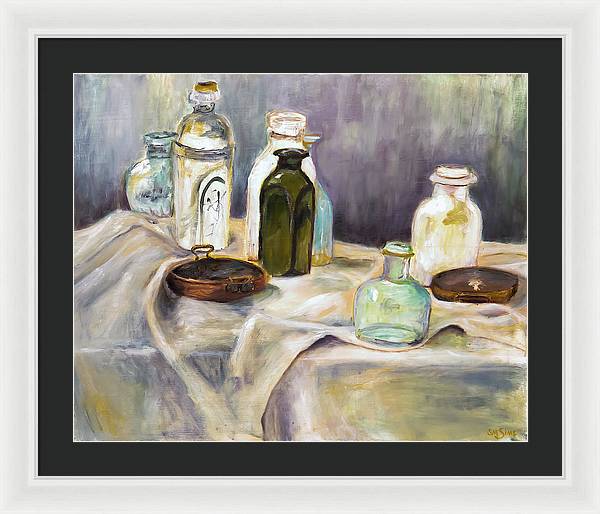 Copper Pots - glass bottles still life - Framed Print