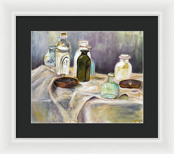 Copper Pots - glass bottles still life - Framed Print