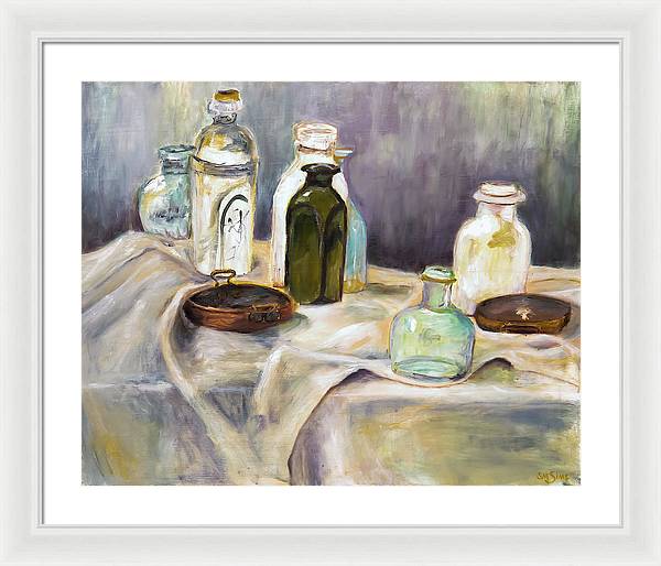 Copper Pots - glass bottles still life - Framed Print