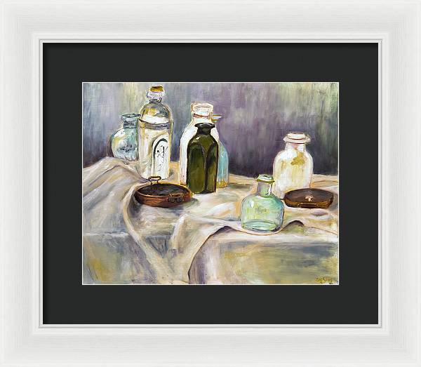 Copper Pots - glass bottles still life - Framed Print