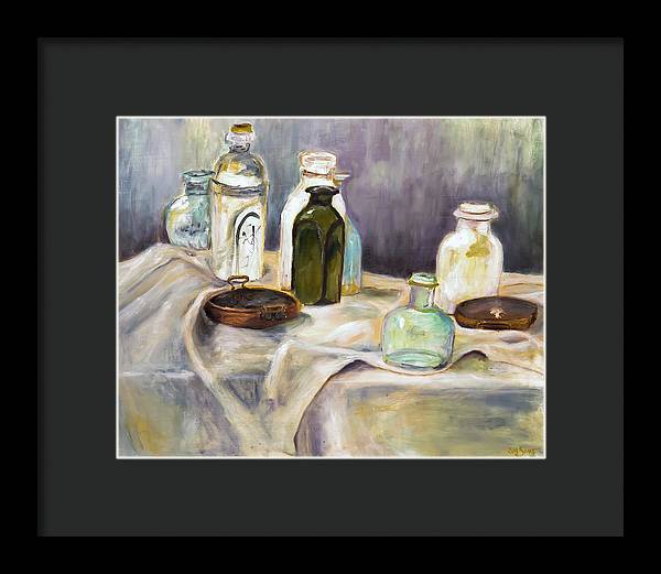 Copper Pots - glass bottles still life - Framed Print