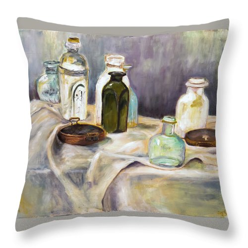 Copper Pots - glass bottles still life - Throw Pillow