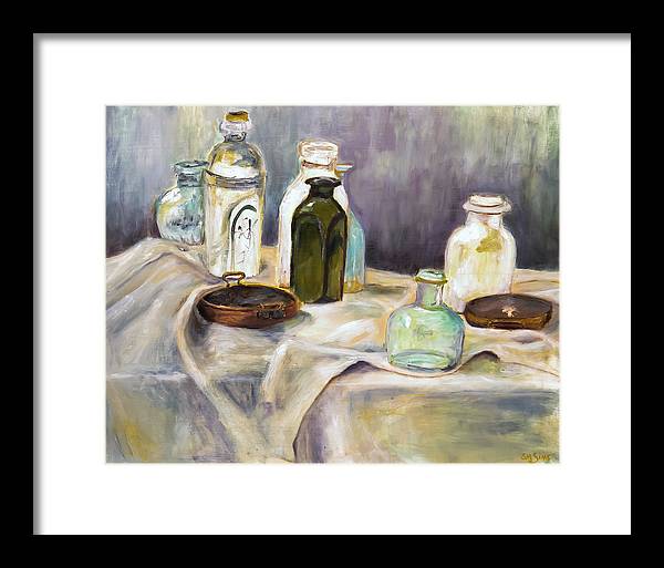 Copper Pots - glass bottles still life - Framed Print