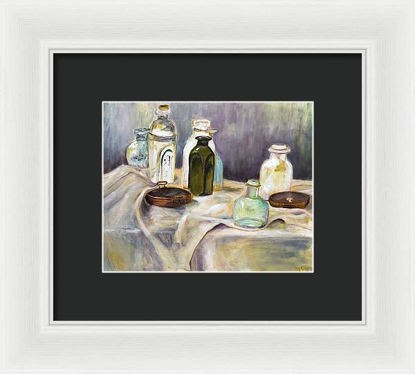Copper Pots - glass bottles still life - Framed Print