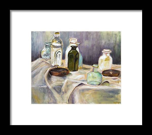 Copper Pots - glass bottles still life - Framed Print