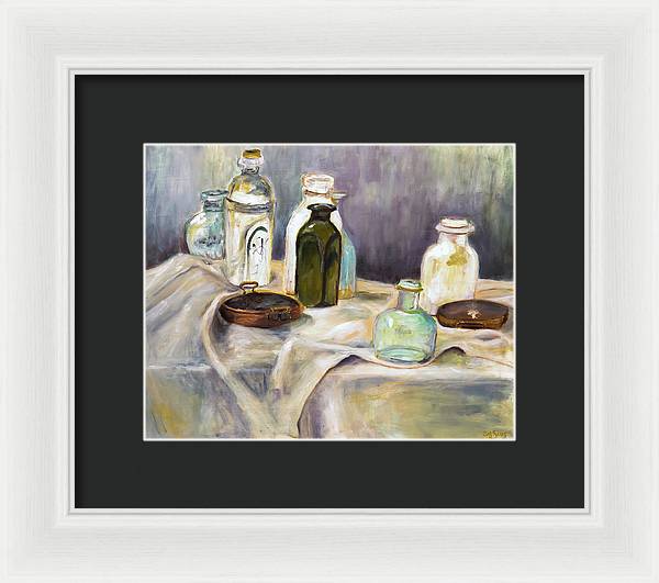 Copper Pots - glass bottles still life - Framed Print