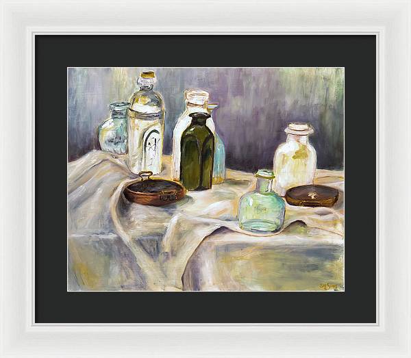 Copper Pots - glass bottles still life - Framed Print
