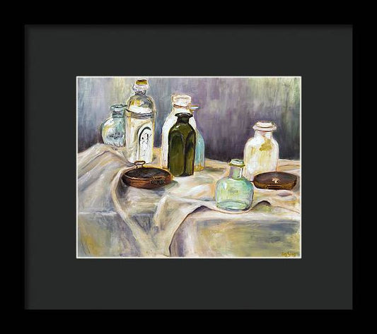 Copper Pots - glass bottles still life - Framed Print