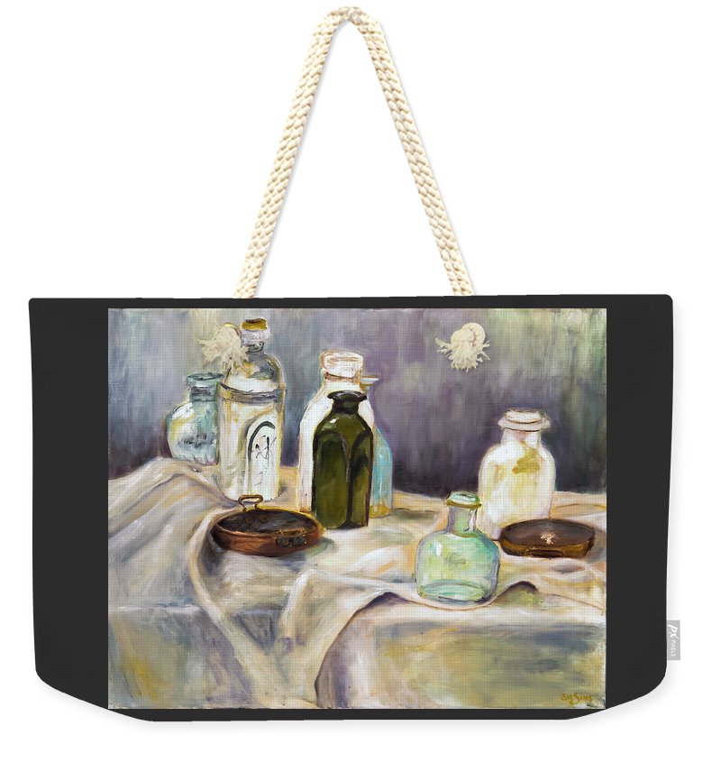 Copper Pots - glass bottles still life - Weekender Tote Bag
