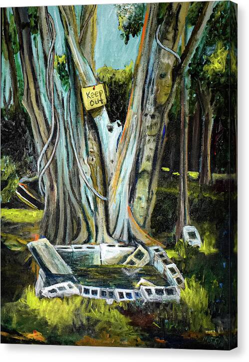 Keep Out by Morri, a painting of a large tree with faces in its trunk, a yellow Keep Out sign, and a water-filled enclosure.
