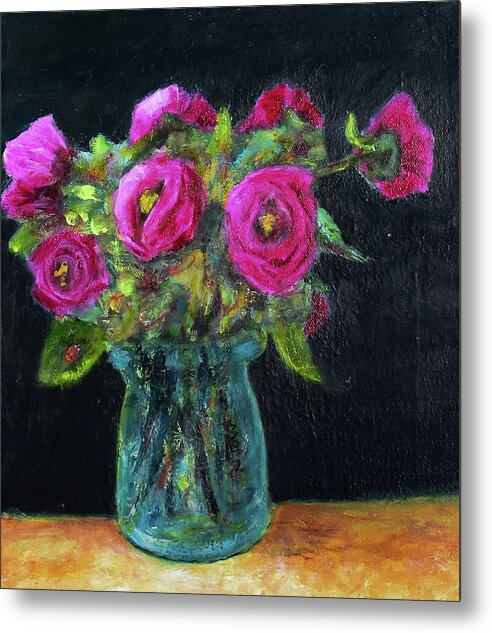 Ladybug and Pink Roses - Metal Print