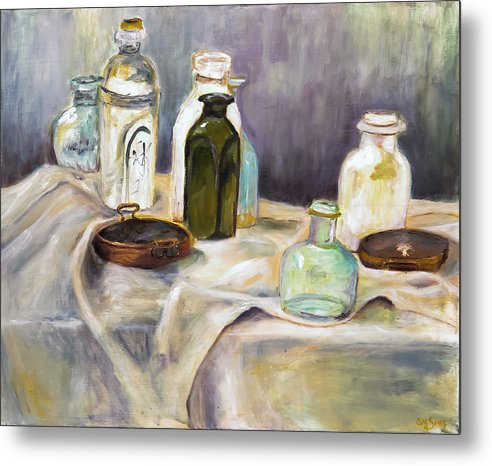 Copper Pots - glass bottles still life - Metal Print