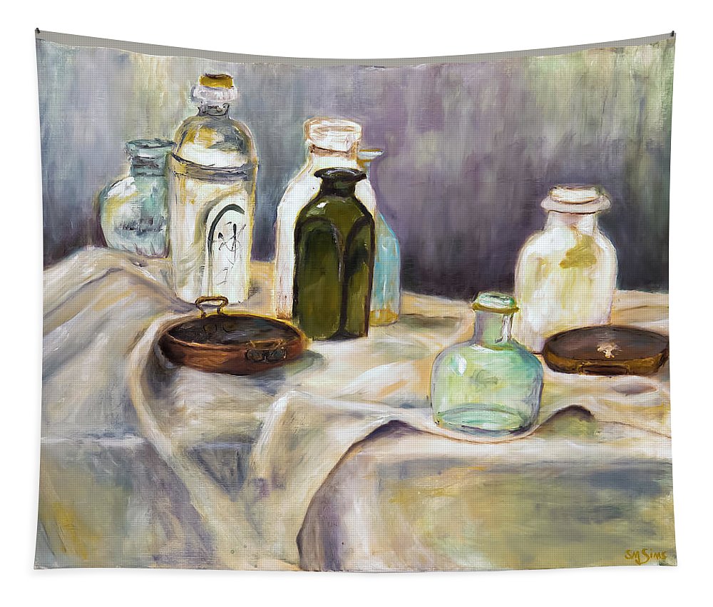 Copper Pots - glass bottles still life - Tapestry