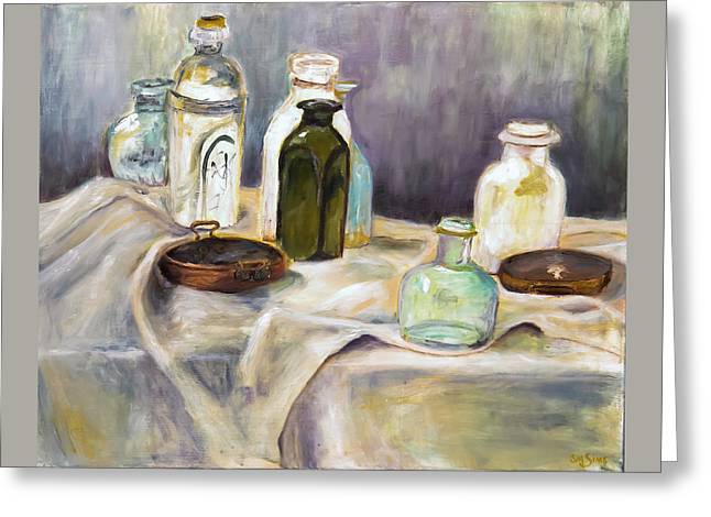 Copper Pots - glass bottles still life - Greeting Card