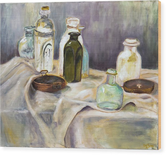 Copper Pots - glass bottles still life - Wood Print