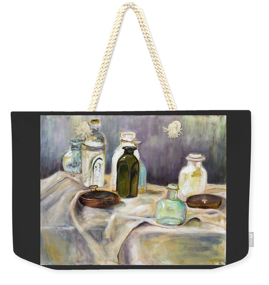 Copper Pots - glass bottles still life - Weekender Tote Bag